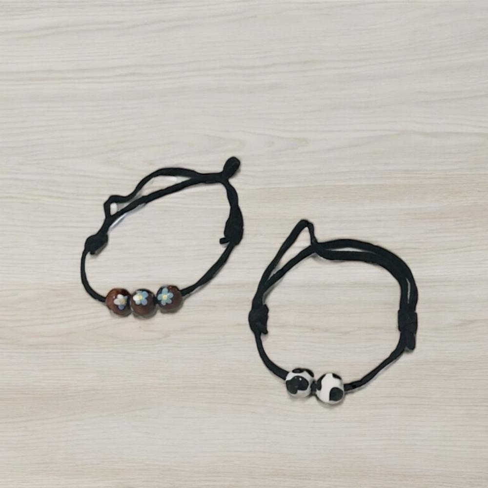 Leather Band Adjustable Handmade Bracelets Set Of 2 - Cow Print and Blue flowers